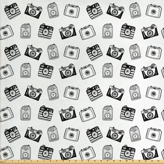 Ambesonne Vintage Fabric by the Yard Upholstery, Pencil Drawn Retro Cameras, 5 Yards, Charcoal Grey and White