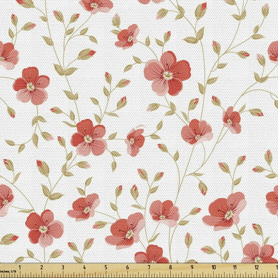 Ambesonne Vintage Fabric by the Yard Upholstery, Peony Flowers Blooms, 1 Yard, Dark Coral White