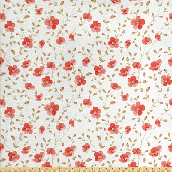 Ambesonne Vintage Fabric by the Yard Upholstery, Peony Flowers Blooms, 2 Yards, Dark Coral White