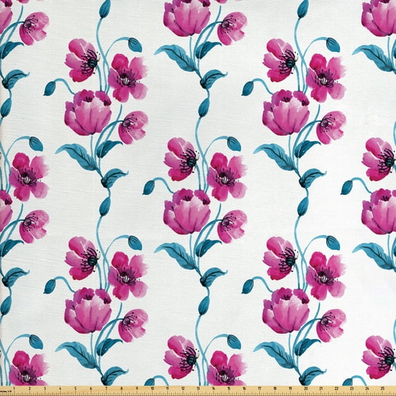 Ambesonne Vintage Fabric by the Yard Upholstery, Poppies Leaves Buds, 5 Yards, Fuchsia and Petrol Blue