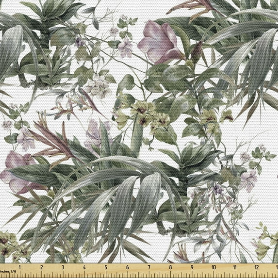 Ambesonne Vintage Fabric by the Yard Upholstery, Retro Bloom Exotic Leaves, 5 Yards, Reseda Green and Rose