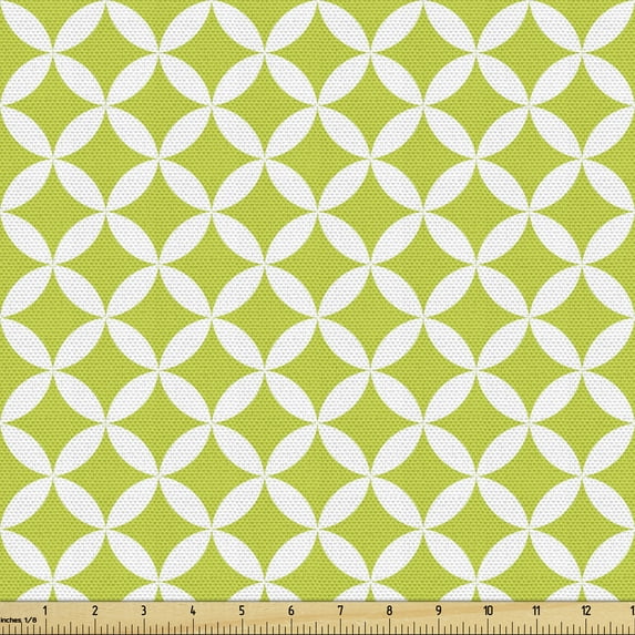 Ambesonne Vintage Fabric by the Yard Upholstery, Retro Diamond Star Rounds, 1 Yard, Yellow Green White