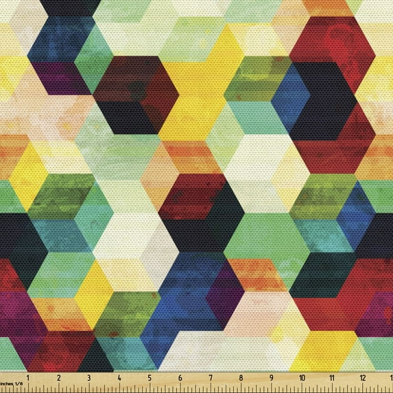 Ambesonne Vintage Fabric by the Yard Upholstery, Rhombus Pattern Grunge, 1 Yard, Multicolor