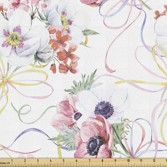 Ambesonne Vintage Fabric by the Yard Upholstery, Ribbon Lines Flowers Art, 1 Yard, Pistachio Green Mustard