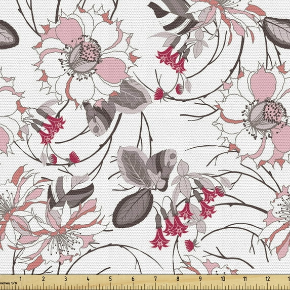 Ambesonne Vintage Fabric by the Yard Upholstery, Romantic Floral Blossom, 1 Yard, Pale Pink Warm Taupe