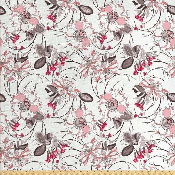 Ambesonne Vintage Fabric by the Yard Upholstery, Romantic Floral Blossom, 2 Yards, Pale Pink Warm Taupe