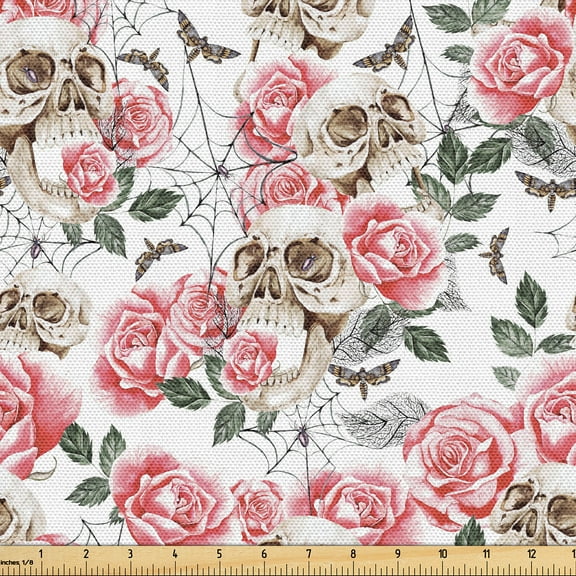 Ambesonne Vintage Fabric by the Yard Upholstery, Rose Skull Web Pattern Art, 3 Yards, Pastel Pink and Laurel Green