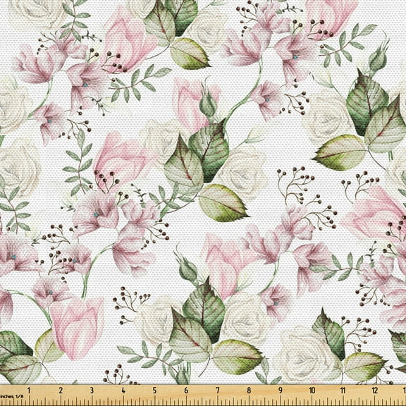 Ambesonne Vintage Fabric by the Yard Upholstery, Roses Delphinium Print Boho, 5 Yards, Pale Pink and Laurel Green