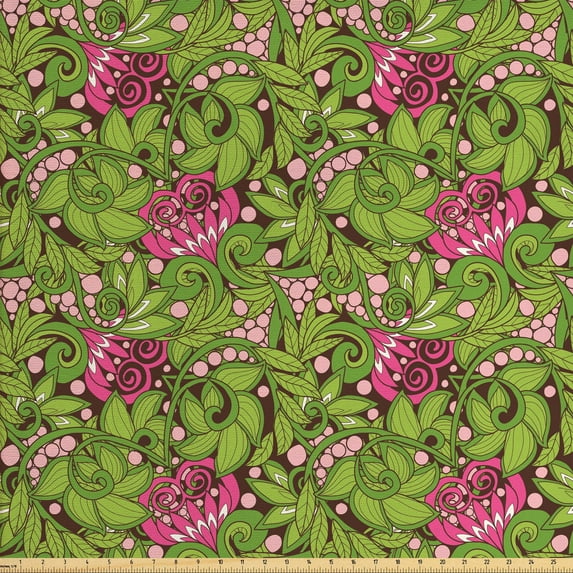 Ambesonne Vintage Fabric by the Yard Upholstery, Swirly Green Leaves Scroll, 5 Yards, Apple Green Pink Brown
