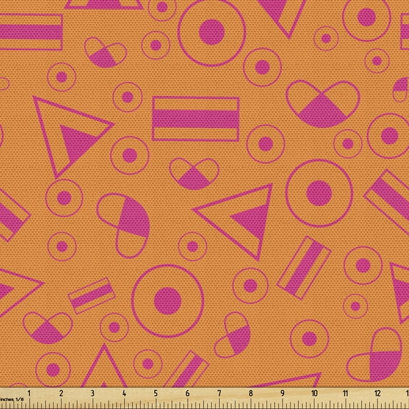 Ambesonne Vintage Fabric by the Yard Upholstery, Triangle Circle Candies, 10 Yards, Dark Yellow and Hot Pink