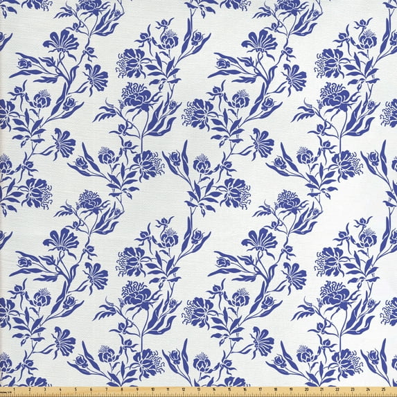 Ambesonne Vintage Fabric by the Yard Upholstery, Twig Posy Flowers, 2 Yards, Violet Blue and White