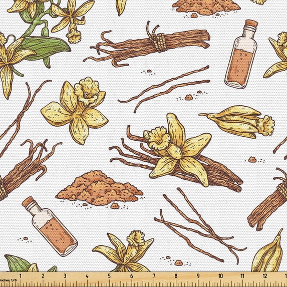 Ambesonne Vintage Fabric by the Yard Upholstery, Vanilla Twigs Flowers Oil, 1 Yard, Pale Cinnamon Mustard