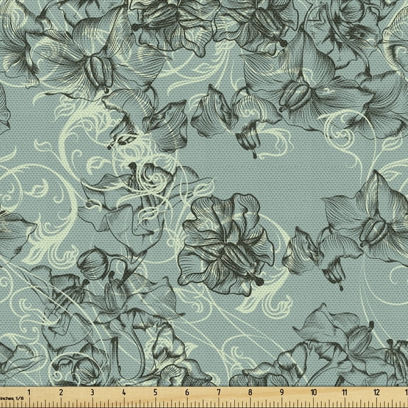 Ambesonne Vintage Fabric by the Yard Upholstery, Victorian Curlicue Leaves, 10 Yards, Almond Green and Black