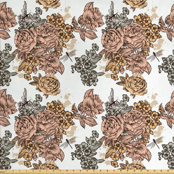 Ambesonne Vintage Fabric by the Yard Upholstery, Victorian Romantic Rose, 3 Yards, Multicolor