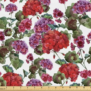 Ambesonne Vintage Fabric by the Yard Upholstery, Watercolor Geranium Flowers, 5 Yards, Peacock Green Raspberry