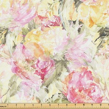 Ambesonne Vintage Fabric by the Yard Upholstery, Watercolor Roses Floral Art, 2 Yards, Dark Coral and Pale Ruby