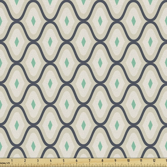 Ambesonne Vintage Fabric by the Yard Upholstery, Wavy Stripes Rhombuses Art, 3 Yards, Sea Green Pale Grey