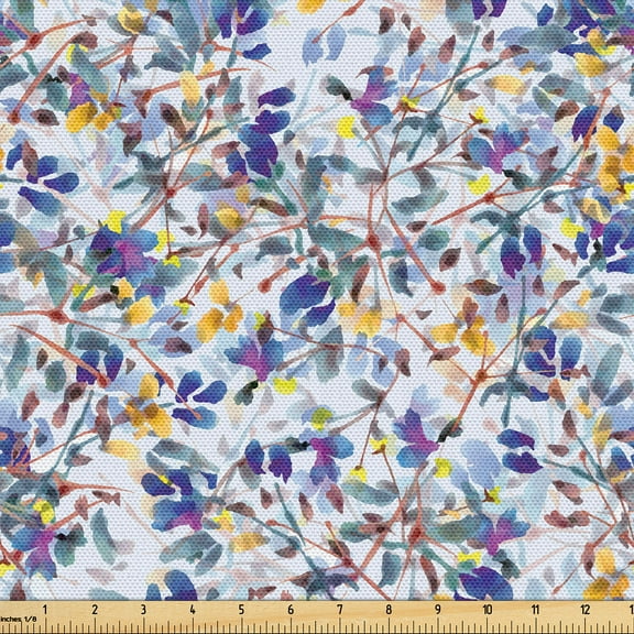 Ambesonne Vintage Fabric by the Yard Upholstery, Watercolor Spring Flower, 2 Yards, Ceil Blue Earth Yellow