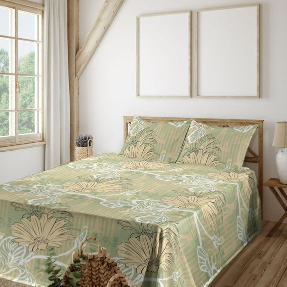 Ambesonne Vintage Fitted & Flat Sheet with Sham 3 Pcs Set, Art Nouveau Retro Floral, Twin, Pistachio Green and Peach