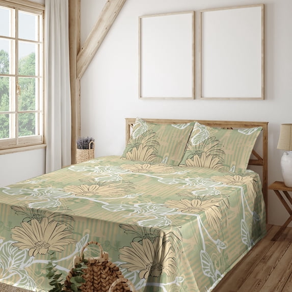 Ambesonne Vintage Fitted & Flat Sheet with Sham 3 Pcs Set, Art Nouveau Retro Floral, Twin XL, Pistachio Green and Peach