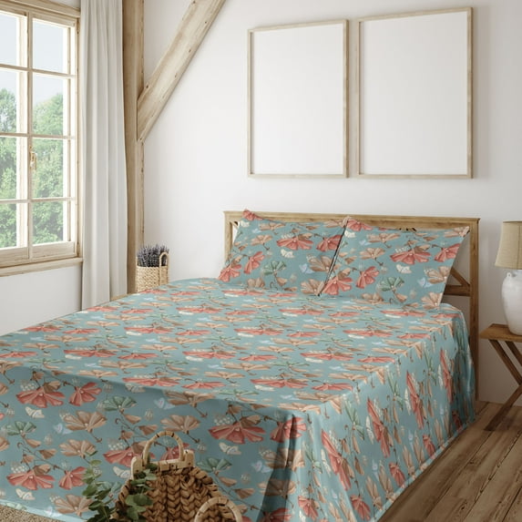 Ambesonne Vintage Fitted & Flat Sheet with Sham 3 Pcs Set, Butterfly Retro Flowers Art, Twin, Pale Teal Umber and Salmon