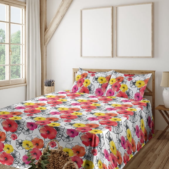 Ambesonne Vintage Fitted & Flat Sheet with Sham 3 Pcs Set, Colorful Hand-Drawn Poppy, Twin, Dark Coral and Earth Yellow