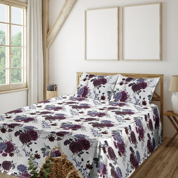 Ambesonne Vintage Fitted & Flat Sheet with Sham 3 Pcs Set, Dahlia Hydrangea Dragonfly, Twin, Dark Maroon Purpleblue