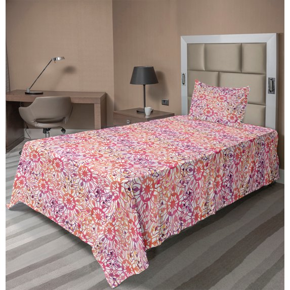 Ambesonne Vintage Fitted & Flat Sheet with Sham 3 Pcs Set, Flora Watercolor Mosaic, Twin XL, Pastel Pink Eggplant