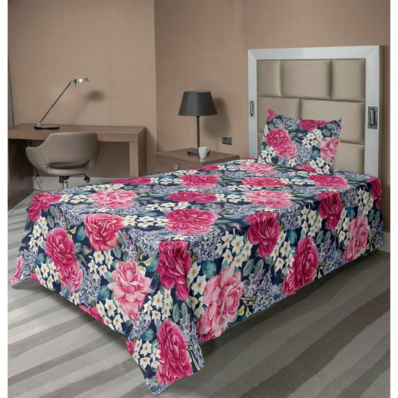 Ambesonne Vintage Fitted & Flat Sheet with Sham 3 Pcs Set, Roses Watercolor Retro Art, Twin, Raspberry Laurel Green