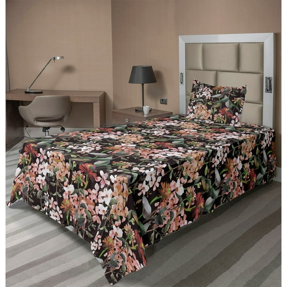 Ambesonne Vintage Fitted & Flat Sheet with Sham 3 Pcs Set, Scattered Garden Flowers, Twin XL, Olive Green and Pale Salmon
