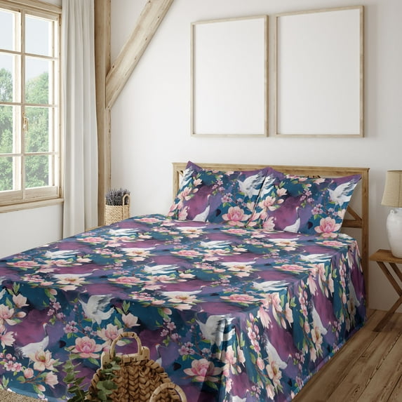 Ambesonne Vintage Fitted & Flat Sheet with Shams 4 Pcs Set, Crane Birds Flowers Plot, Calking, Eggplant Petrol Blue