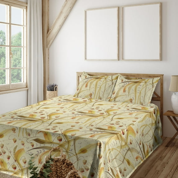 Ambesonne Vintage Fitted & Flat Sheet with Shams 4 Pcs Set, Creamy Meadow Blossom Print, Calking, Cream Mustard and Caramel