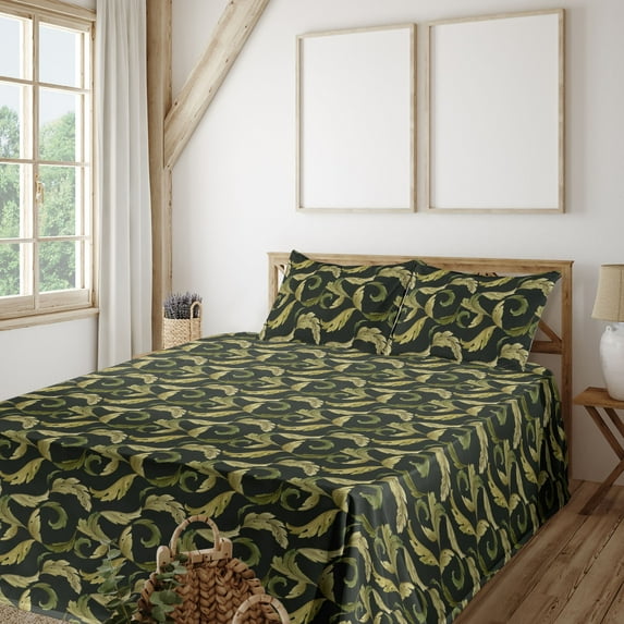 Ambesonne Vintage Fitted & Flat Sheet with Shams 4 Pcs Set, Leafy Swirling Design Print, Queen, Evergreen and Peacock Green