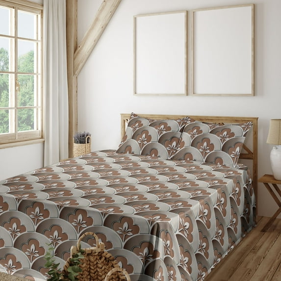 Ambesonne Vintage Fitted & Flat Sheet with Shams 4 Pcs Set, Mosaic Retro Floral Print, Calking, Caramel Taupe and Dark Tan