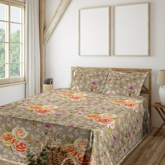 Ambesonne Vintage Fitted & Flat Sheet with Shams 4 Pcs Set, Nature Nostalgic Leaves, King, Warm Taupe Orange Rose