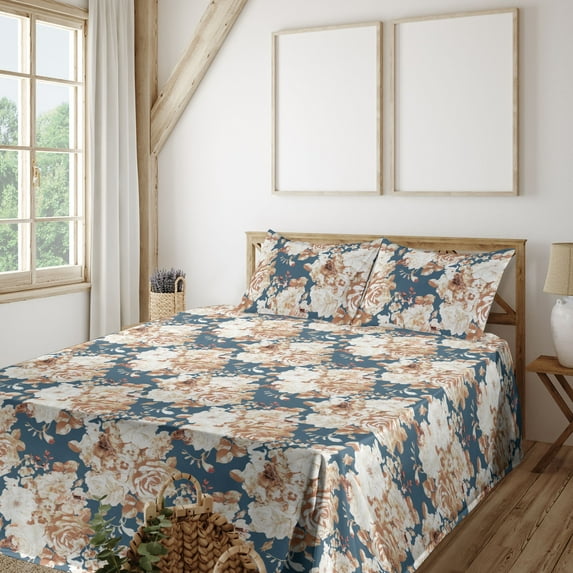 Ambesonne Vintage Fitted & Flat Sheet with Shams 4 Pcs Set, Nostalgic Summer Flowers, King, Orange and Slate Blue