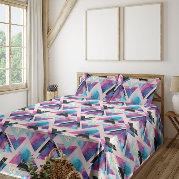 Ambesonne Vintage Fitted & Flat Sheet with Shams 4 Pcs Set, Overlapped Triangles Plot, Queen, Hot Pink Purple and Blue