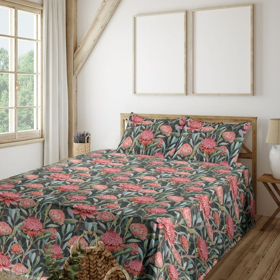Ambesonne Vintage Fitted & Flat Sheet with Shams 4 Pcs Set, Repeating Protea Flowers, King, Pale Pink and Laurel Green