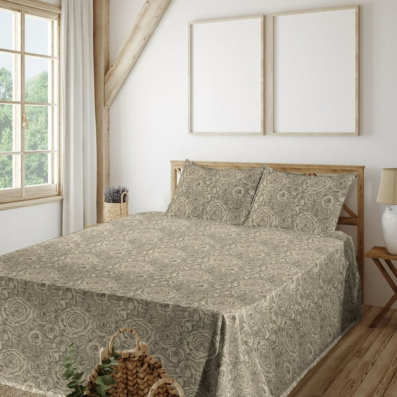 Ambesonne Vintage Fitted & Flat Sheet with Shams 4 Pcs Set, Retro Artwork Roses Leaves, Full, Eggshell Sage Green Taupe