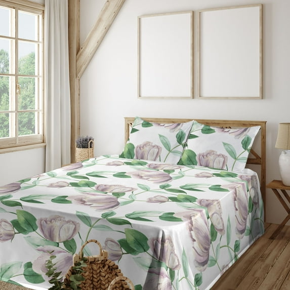 Ambesonne Vintage Fitted & Flat Sheet with Shams 4 Pcs Set, Romantic Branches Flowers, Full, Mauve and Fern Green