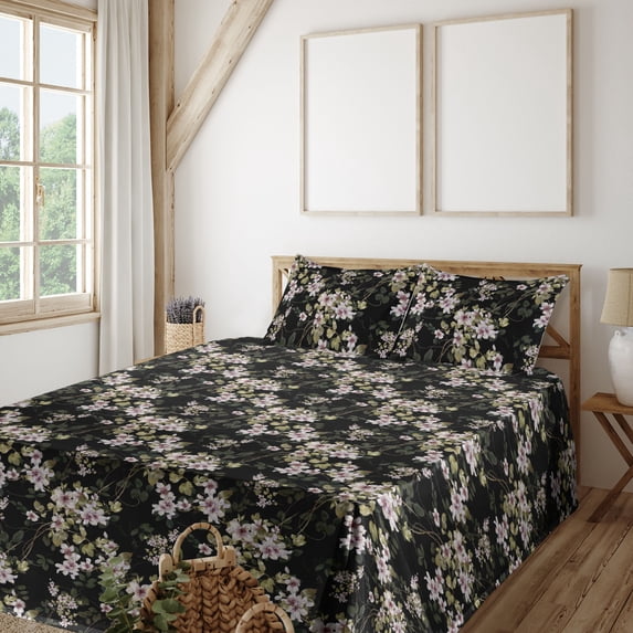 Ambesonne Vintage Fitted & Flat Sheet with Shams 4 Pcs Set, Spring Branches Motif Print, Full, Charcoal Grey and Green