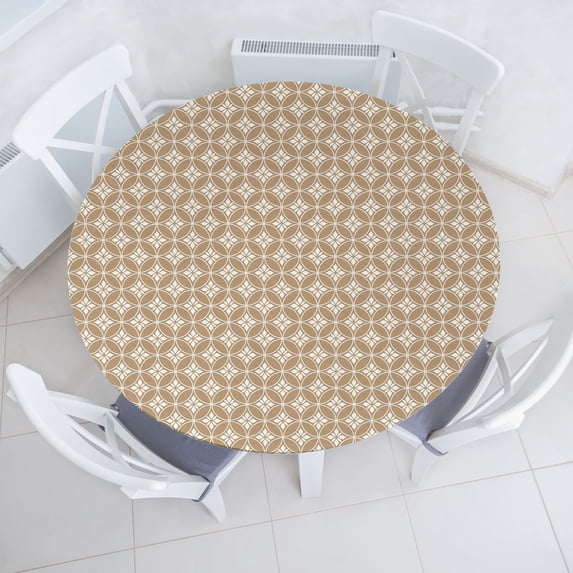 Ambesonne Vintage Fitted Round Tablecloth, Art Deco Circles Flowers, 40"- 44" Diameter, Pale Brown White