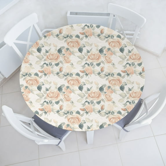 Ambesonne Vintage Fitted Round Tablecloth, Art Nostalgia Roses Leaves, 45"- 56" Diameter, Pale Peach Laurel Green
