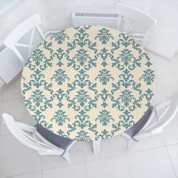 Ambesonne Vintage Fitted Round Tablecloth, Art Nouveau Swirly Floral, 36"- 40" Diameter, Cream Cadet Blue