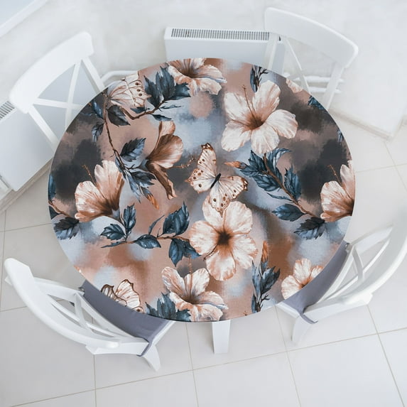 Ambesonne Vintage Fitted Round Tablecloth, Art Watercolor Floral Print, 40"- 44" Diameter, Pale Rust Slate Blue