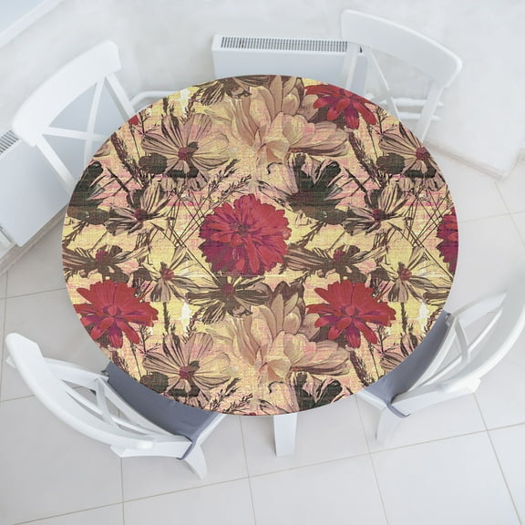 Ambesonne Vintage Fitted Round Tablecloth, Aster and Apple Blossom Art, 36"- 40" Diameter, Ruby Pale Yellow and Eggshell