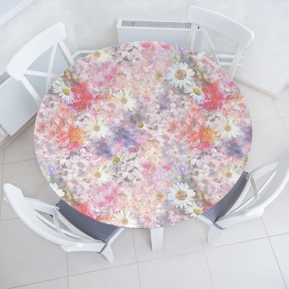 Ambesonne Vintage Fitted Round Tablecloth, Blooming Meadow Dream Daisy, 36"- 40" Diameter, Pale Mauve and Multicolor