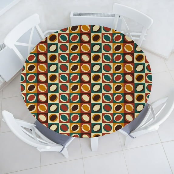 Ambesonne Vintage Fitted Round Tablecloth, Circular Shapes Abstract, 56"- 60" Diameter, Brown Apricot and Teal