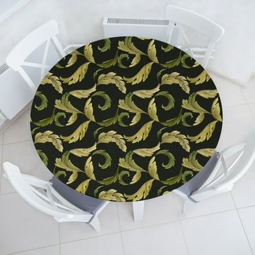 Ambesonne Vintage Fitted Round Tablecloth, Leafy Swirling Design Print, 36"- 40" Diameter, Evergreen and Peacock Green