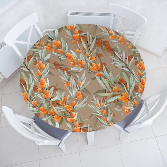 Ambesonne Vintage Fitted Round Tablecloth, Leaves Sea Buckthorn Berry, 40"- 44" Diameter, Dark Orange Pale Green